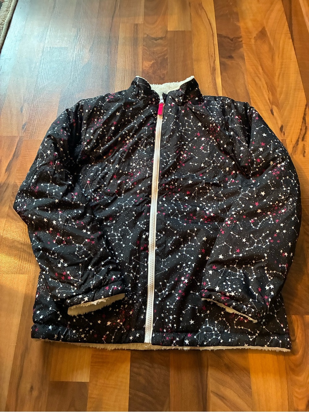 SO Black Puffer Jacket with Pink and White Star Print